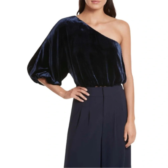 ALICE + OLIVIA • SAPPHIRE BLUE ONE-SHOULDER VELVET TOP - Picture 2 of 11